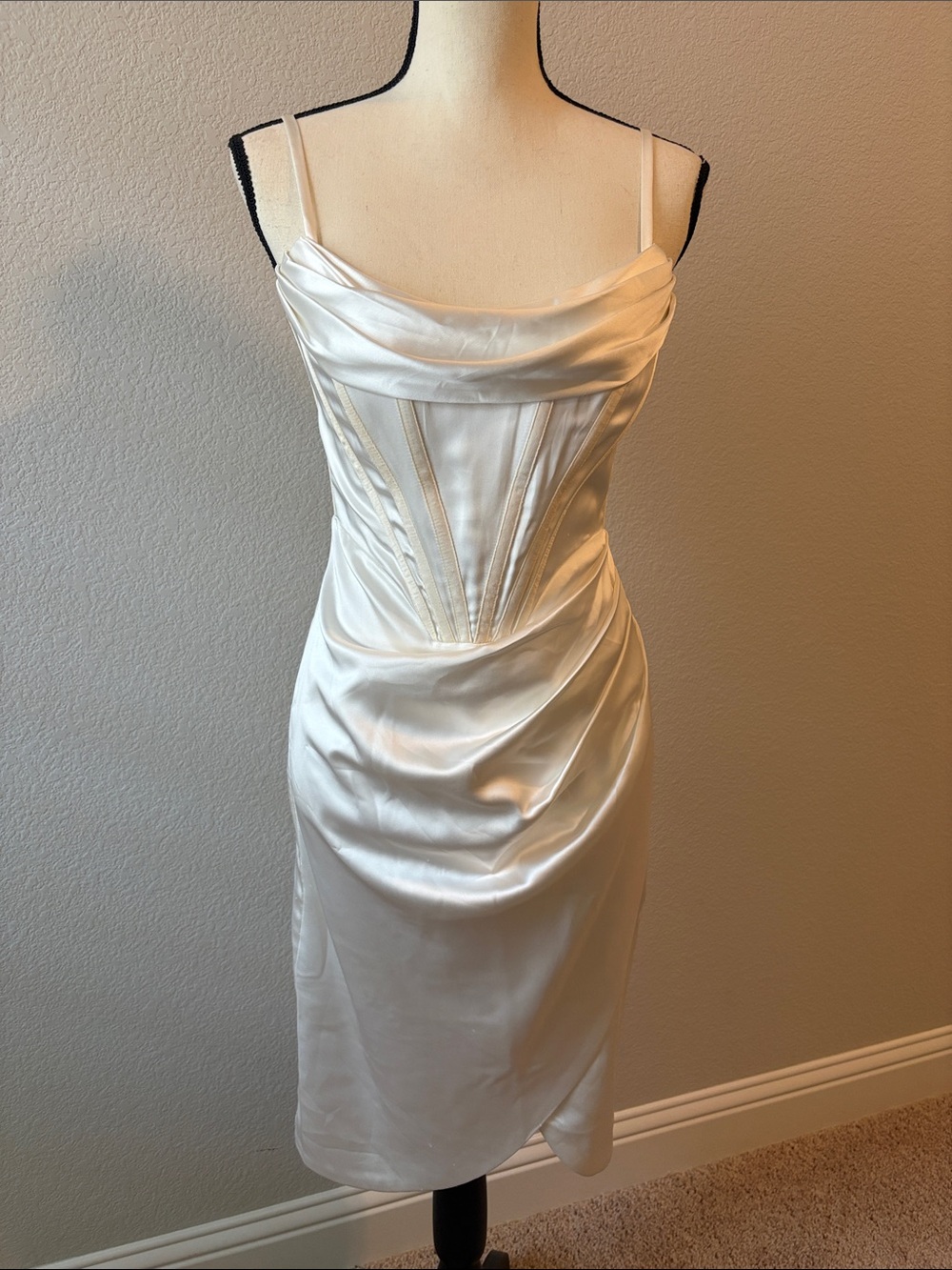 Satin Cowl-Neck Midi Dress in Ivory